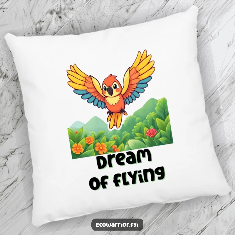 Funny parrot pillow showcasing a vibrant character soaring with wings spread wide, designed for cozy comfort and a splash of tropical humor.