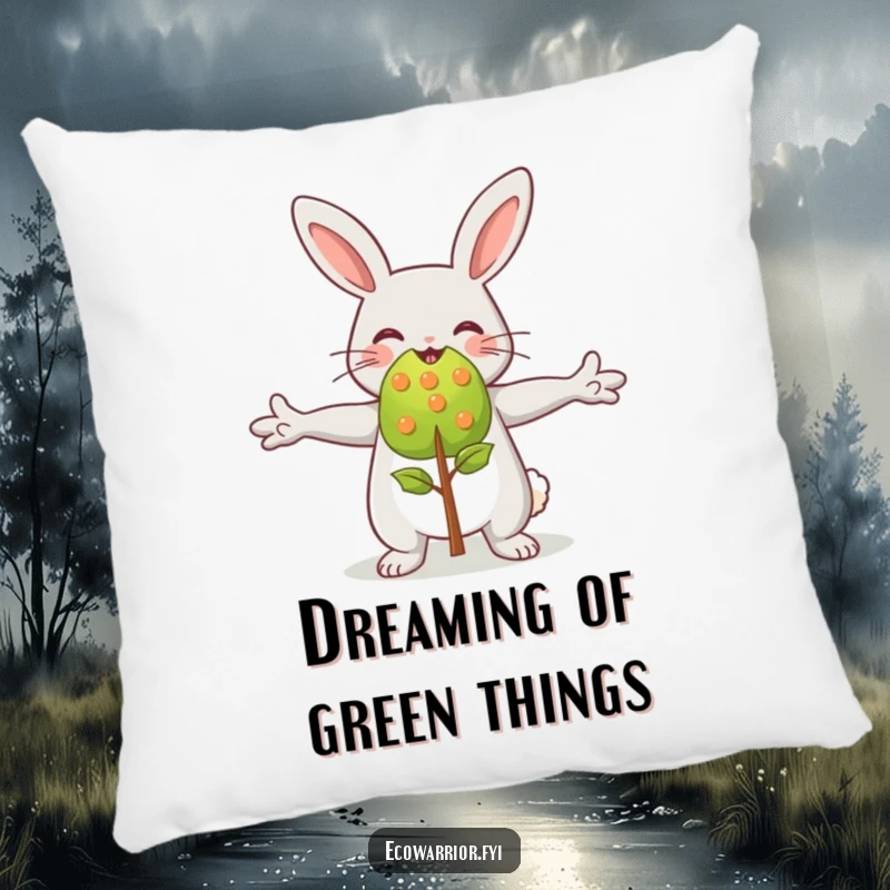 Funny rabbit character joyfully embracing a small sapling, presented on a soft pillow for a touch of nature's charm.