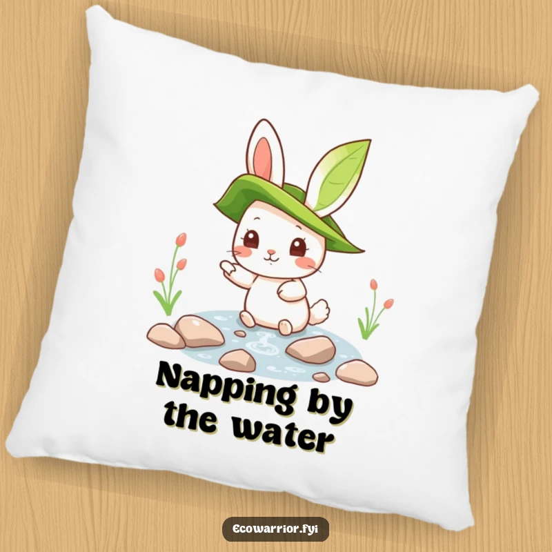 Funny rabbit character on a soft pillow, wearing a leaf hat and pointing at a clean stream, offering cozy eco-humor.