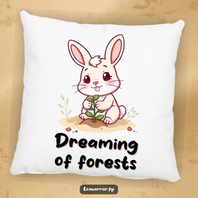 Funny pillow with a cheerful, determined rabbit character planting a sapling, offering cozy humor and garden vibes.