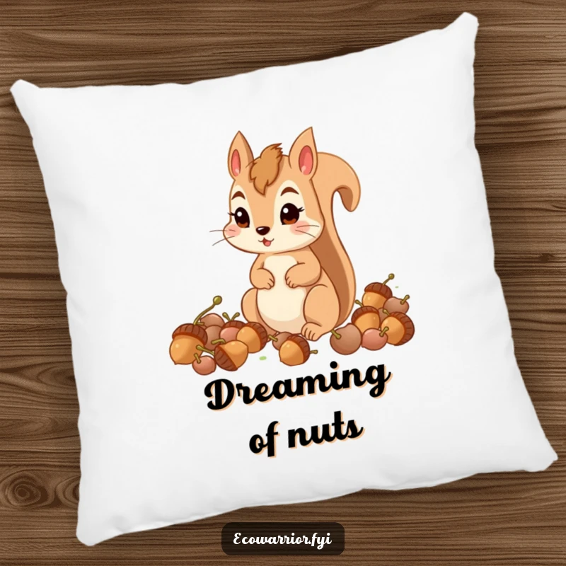 Funny determined squirrel collecting acorns with focus, depicted on a soft and decorative pillow.