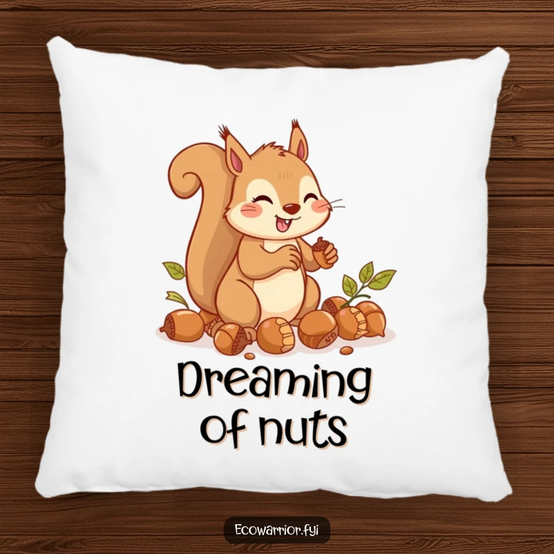 Funny Pillow featuring a cheerful squirrel busy gathering acorns with great speed and focus.