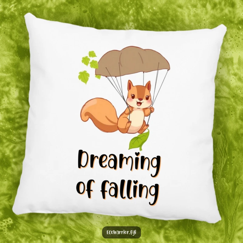 Funny Squirrel Parachute Pillow with a brave squirrel using a fallen leaf as a parachute, offering cozy humor.