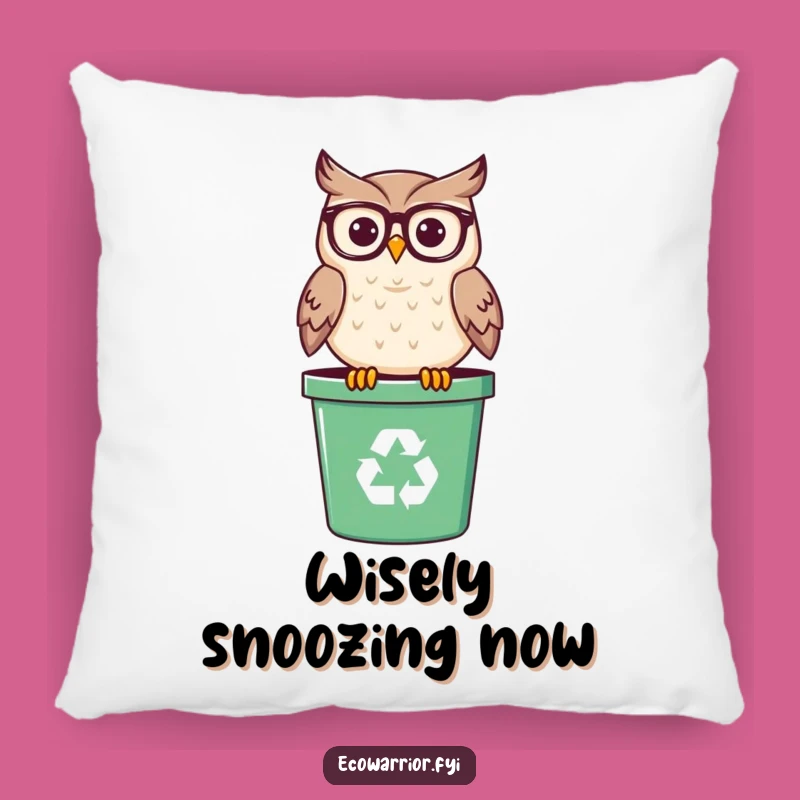 Funny Wise Owl Pillow: Cozy Cushion with Spectacled Bird on Recycling Bin, Hilarious Gift