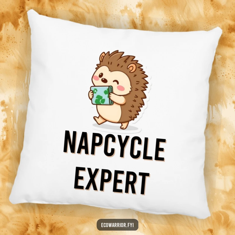 Funny hedgehog character holding recycled materials on a plush pillow, adding cozy environmental humor to any living space, ideal for funny pillow lovers.