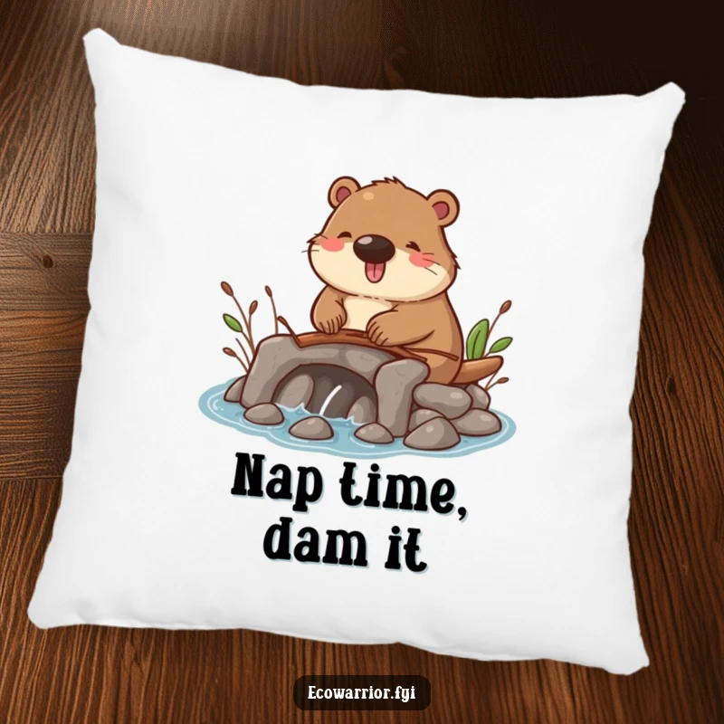 Funny pillow featuring a smiling beaver constructing a small dam with twigs, bringing warmth and a touch of whimsy.