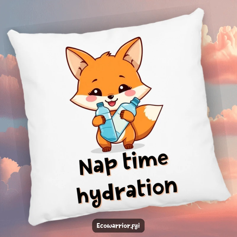Funny pillow showcasing a smiling fox character holding a reusable water bottle, offering eco-friendly comfort and humor.