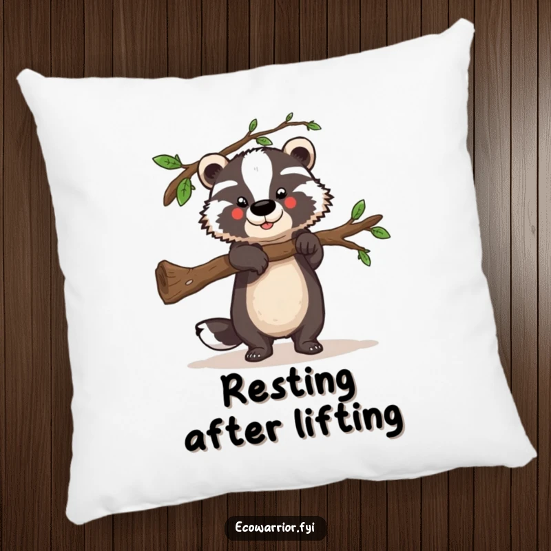 Funny pillow showcasing a strong badger character lifting a fallen branch, offering strength and helpful humor.