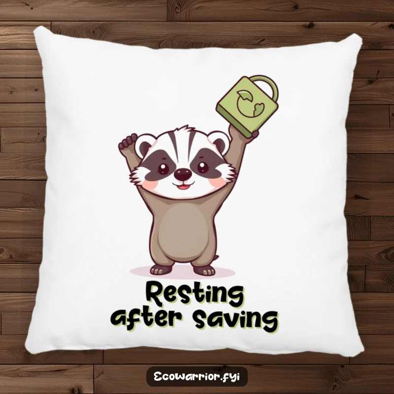 Funny badger pillow, determinedly holding a recycled item, bringing comfort and eco-inspiration.