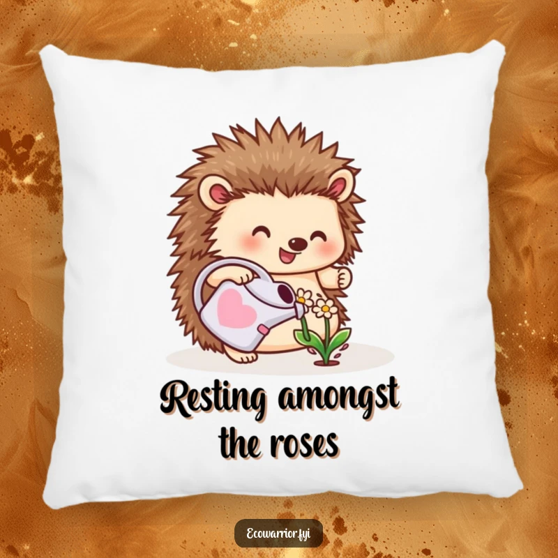 Funny pillow featuring a cheerful hedgehog watering a flower, bringing soft comfort and garden-inspired joy.