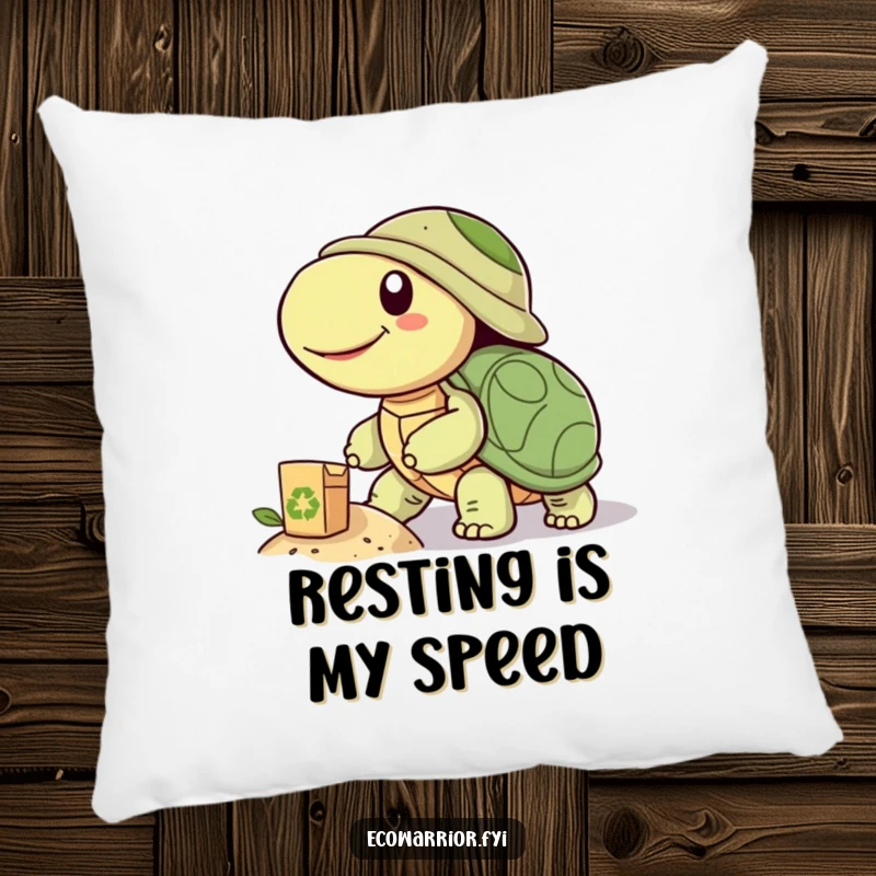 Funny pillow featuring a smiling turtle pushing a recycled object uphill, providing cozy comfort and a humorous symbol of environmental effort.