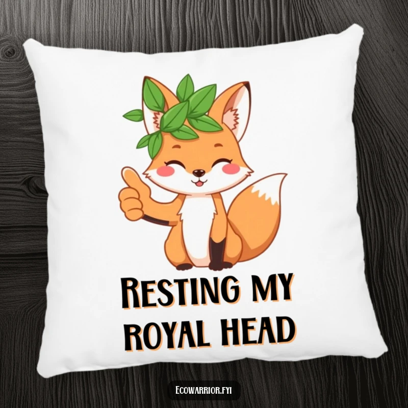 Funny playful fox wearing a leaf crown, giving a thumbs up, on a soft and decorative pillow.
