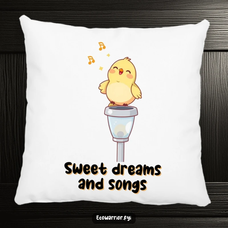 Funny pillow featuring a happy bird singing on a solar garden light, providing cozy comfort and a humorous symbol of cheerful mornings.