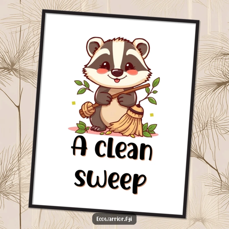 Funny Badger Sweeper Digital Art Print: A cheerful badger with a twig broom sweeps leaves, ready for instant decor.