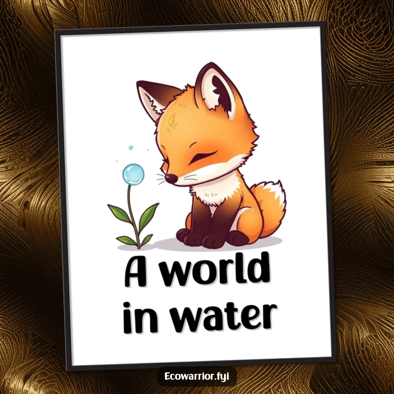 Funny fox cub digital art print, featuring a cub's intense focus on a dewdrop on a plant, capturing a moment of pure curiosity.