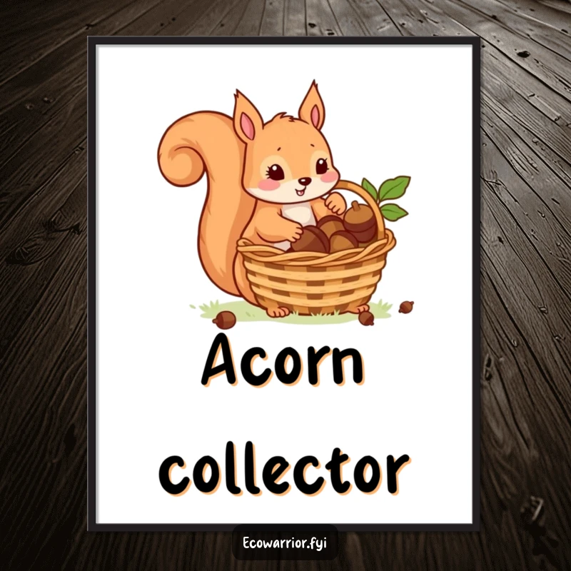 Funny digital art print of a playful squirrel collecting acorns into a basket, perfect for printable, charming decor.