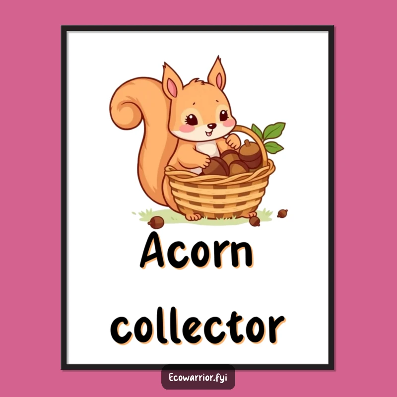Funny Acorn Squirrel Digital Art: Playful Collector with Basket, Hilarious Printable Gift