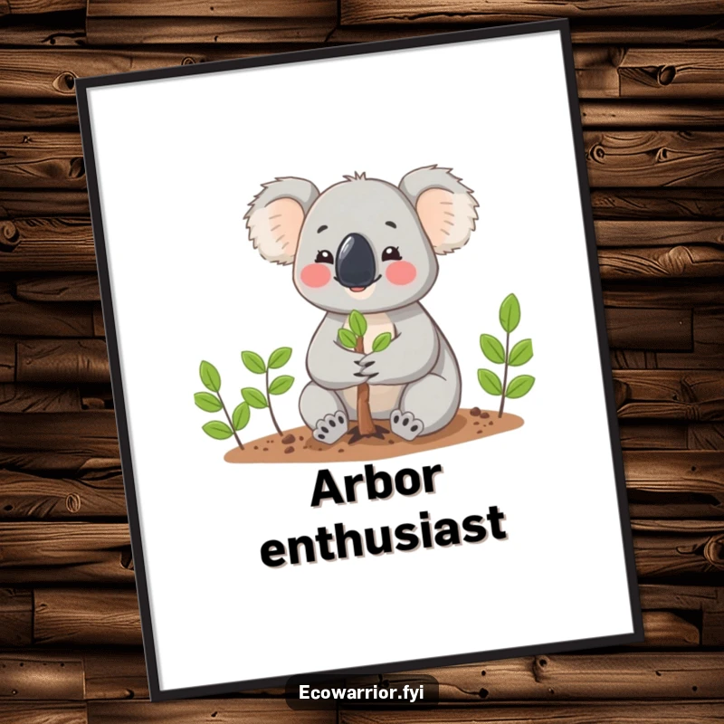 Funny Koala character planting a small tree with gentle hands, radiating cheerfulness in a digital art print.