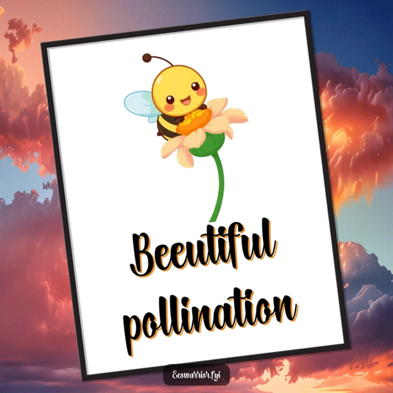 Funny digital art print of a happy bee character pollinating a vibrant wildflower, offering vibrant nature humor.