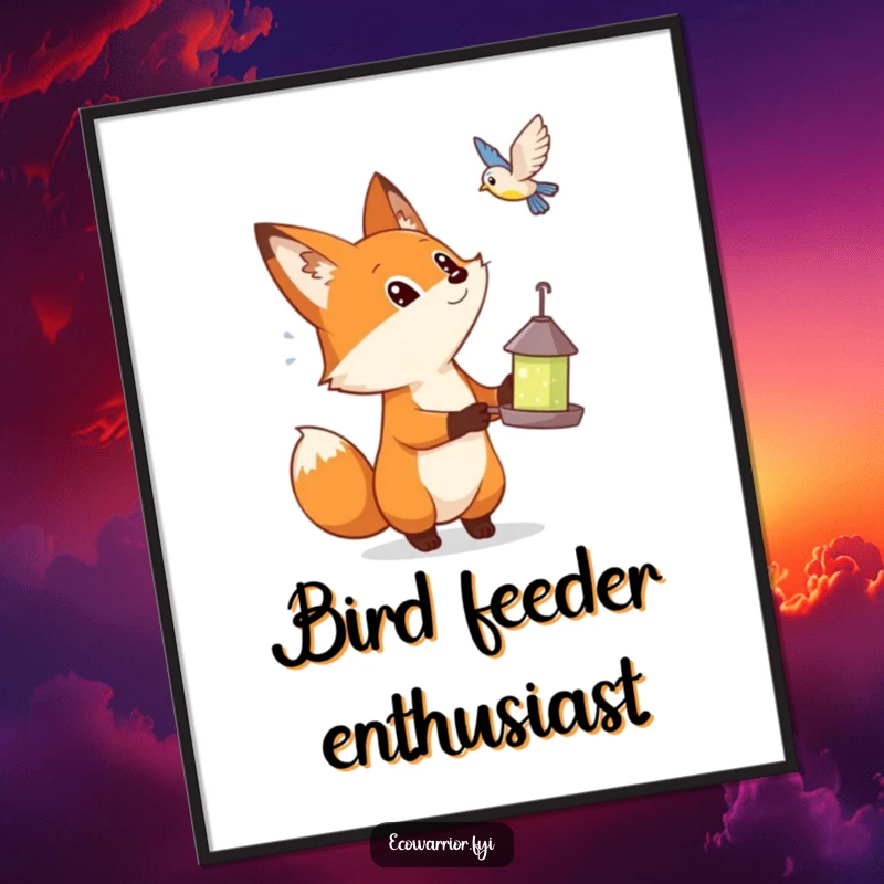 Funny digital art print of a curious fox holding a bird feeder, looking up at a flying bird with wonder.