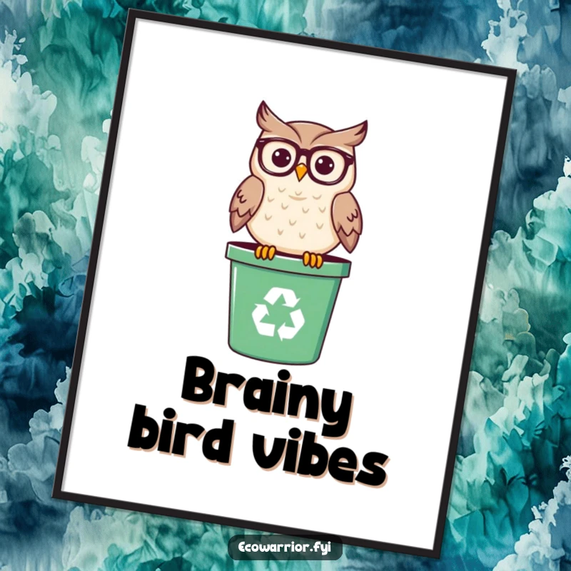 Funny digital art print of a smiling owl wearing spectacles, perched on a recycling bin, perfect for printable, humorous decor.