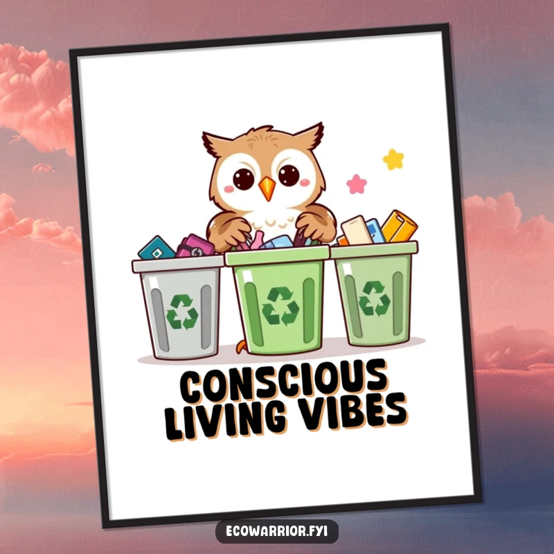 Funny Proud Owl Recycling Digital Art: Proud owl sorting recyclables with precision, high-resolution download for eco-lovers.