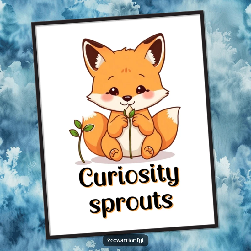 Funny fox digital art, hands behind back, curiously observing a sprouting seed, full of thoughtful wonder.
