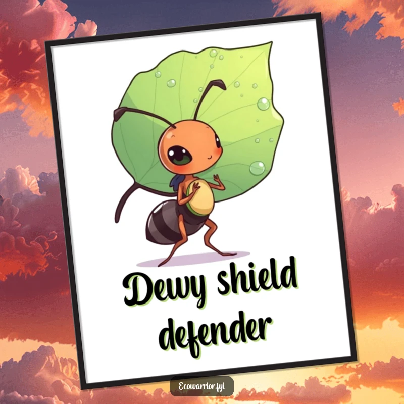 Funny digital art print of a diligent ant carrying a leaf shield, ready for instant download.