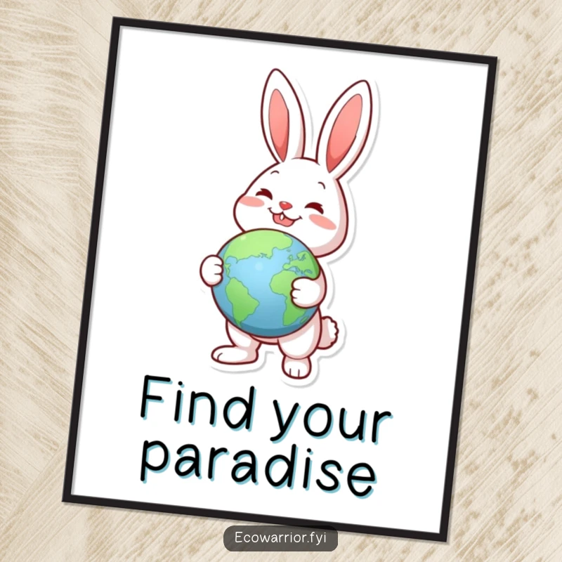 Funny Joyful Rabbit Globe Digital Art: Joyful rabbit holding a globe, pointing to a green landmass, high-resolution download.