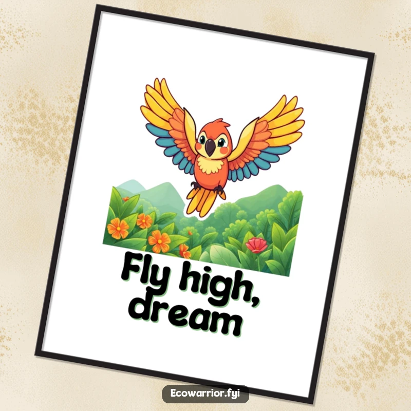 Funny parrot digital art print of a vibrant character soaring with wings spread wide, perfect for adding tropical energy and charm.