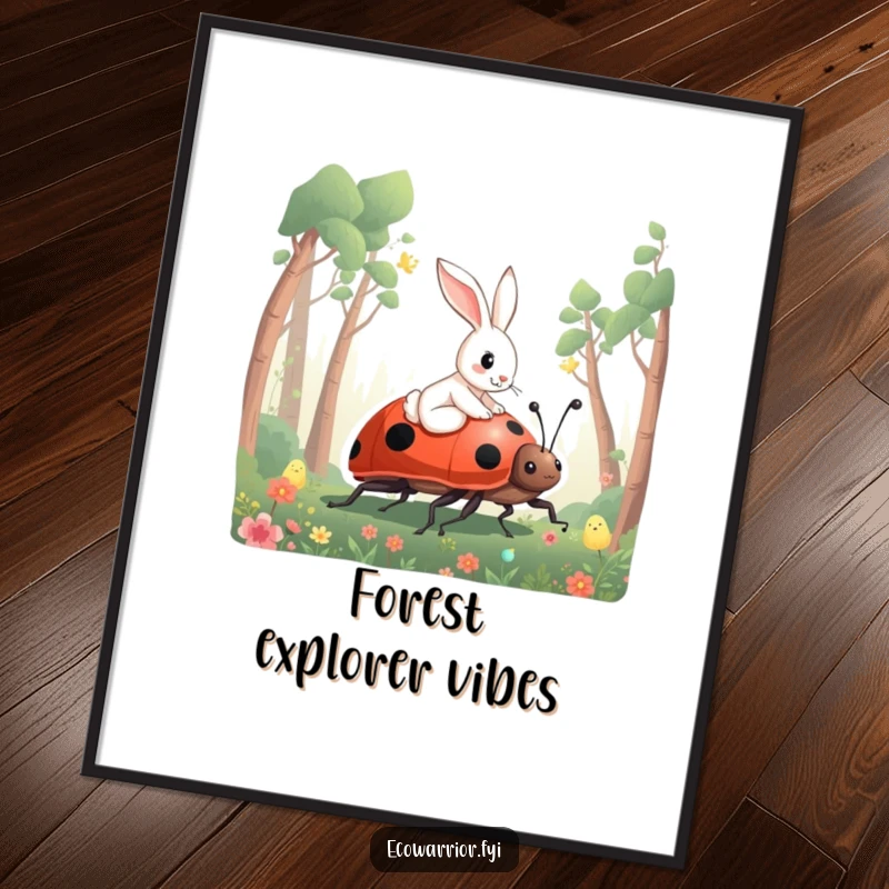 Funny Rabbit Ladybug Digital Art Print of a curious rabbit riding a giant ladybug through a forest, ready to frame.
