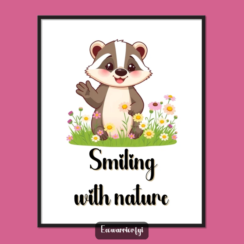 Funny Badger Digital Art: Friendly Wildflower Badger, Instant Download Nature Gift