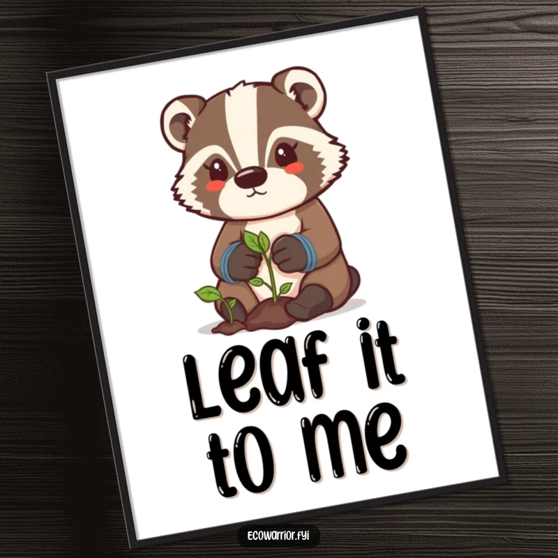 Funny badger gardener digital art print of a determined character in gloves, caring for a sprout, offering humorous decoration.