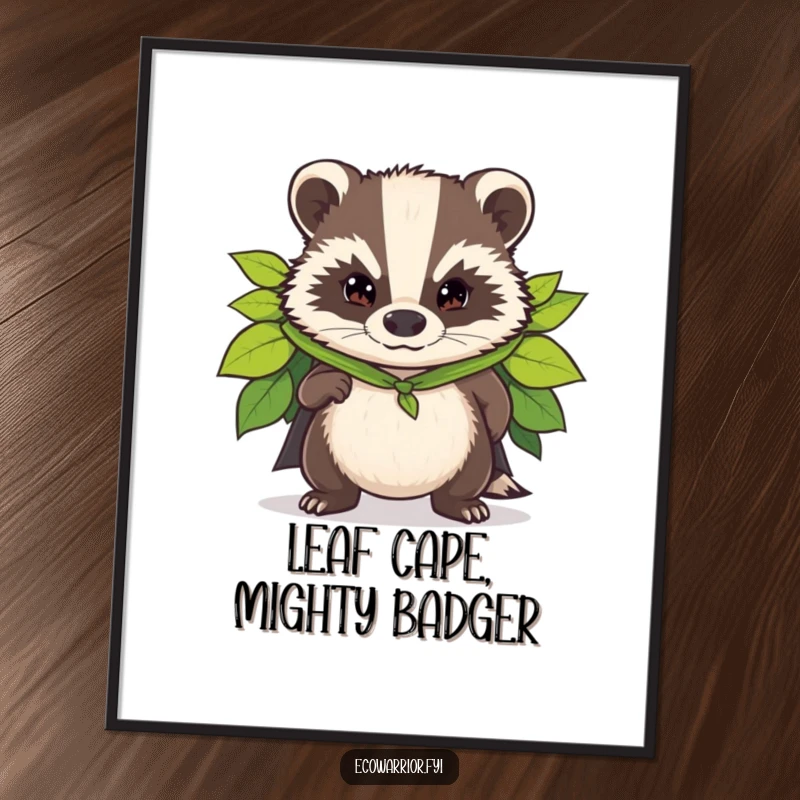 Funny digital art print of a determined badger wearing a superhero cape made of leaves, embodying strength and adventure.