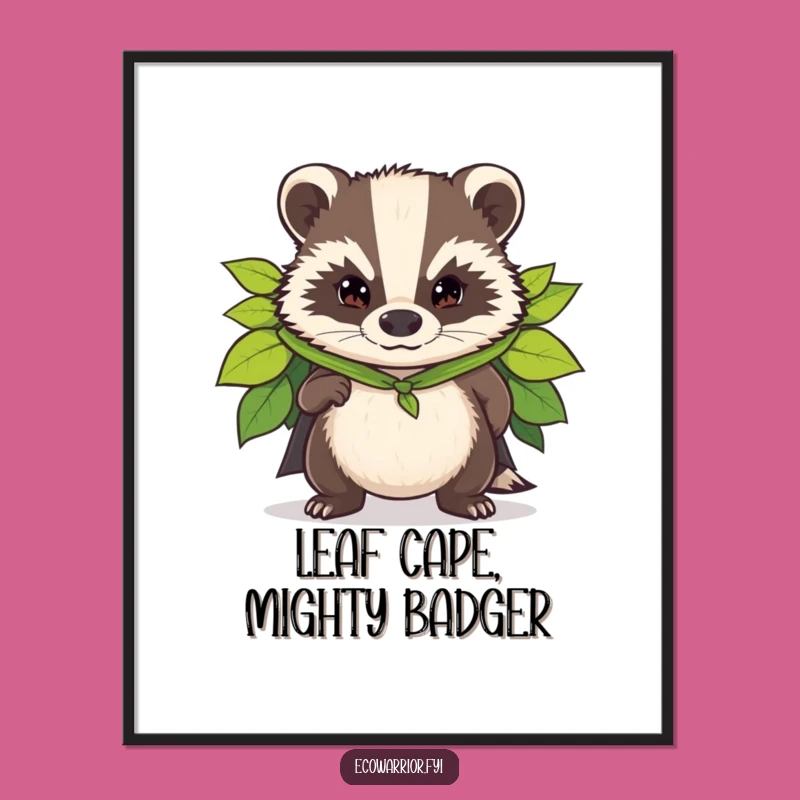 Funny Badger Superhero Digital Art Print: Determined Hero, Leaf Cape Decor