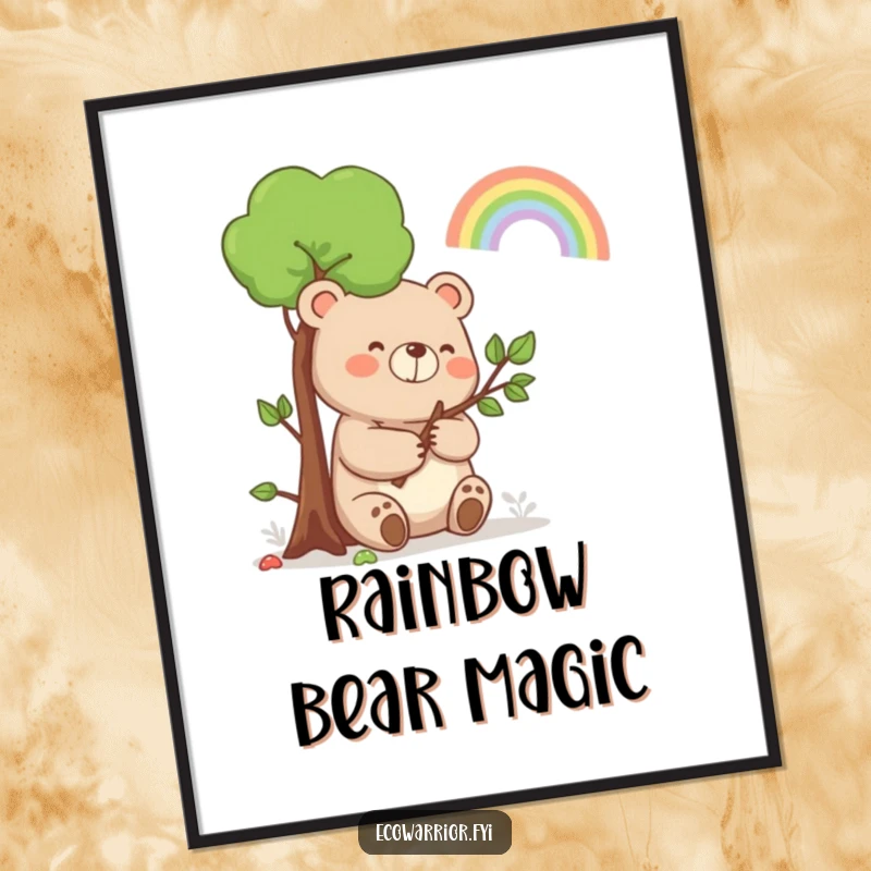 Funny Bear Rainbow Digital Art Print: A happy bear holding a sapling, smiling at a rainbow, for instant humorous decor.