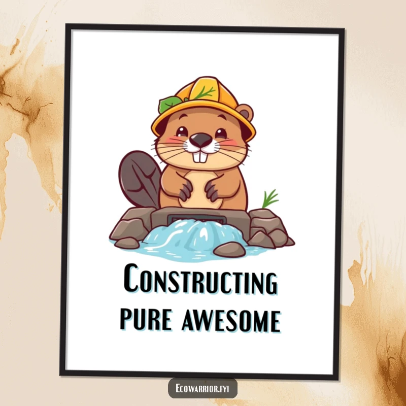 Funny Beaver Builder Digital Art Print: A determined beaver in a leaf hard hat builds a dam, ready for instant decor.