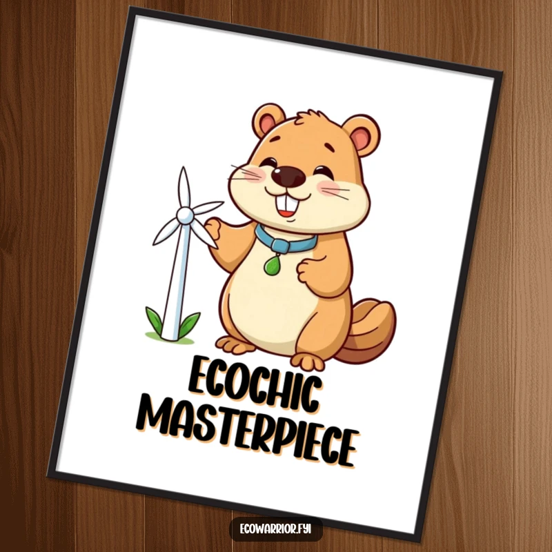 Funny beaver digital art print of a smiling beaver character holding a small windmill, a symbol of clean energy and cheerful optimism.