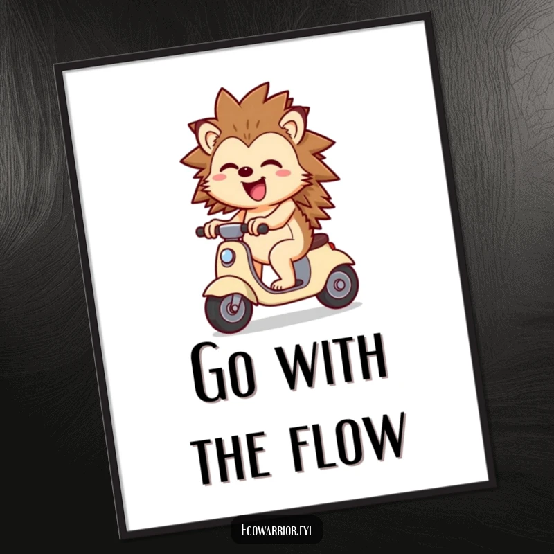 Funny Cheerful Hedgehog Scooter Digital Art: Cheerful hedgehog riding a wind scooter, looking joyful, high-resolution download.