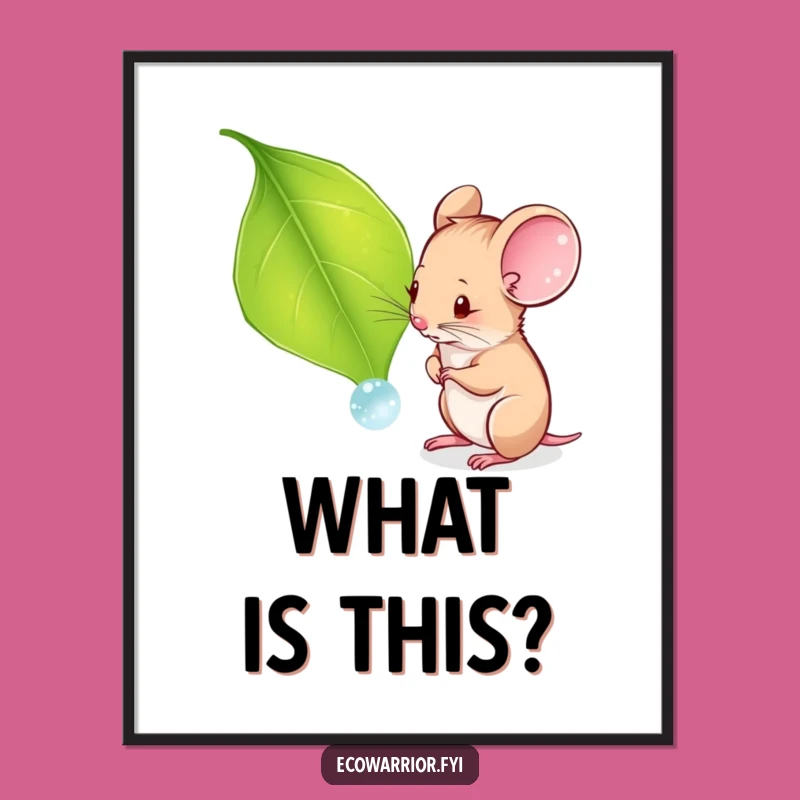 Funny Curious Mouse Digital Art: Tiny Explorer & Dewdrop, Hilarious Printable Nature Gift