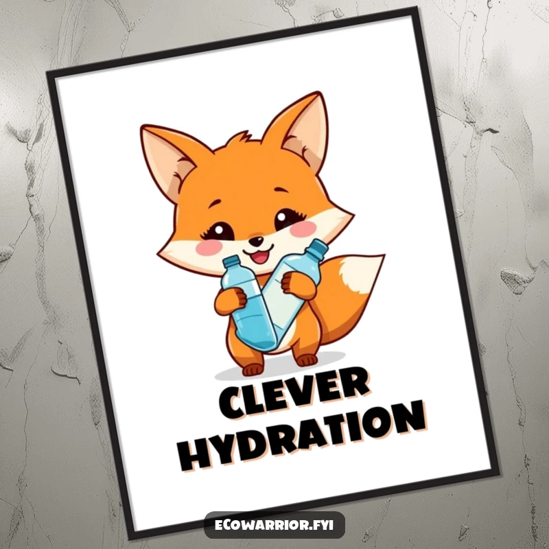 Funny digital art print of a smiling fox character holding a reusable water bottle, offering eco-friendly hydration humor.