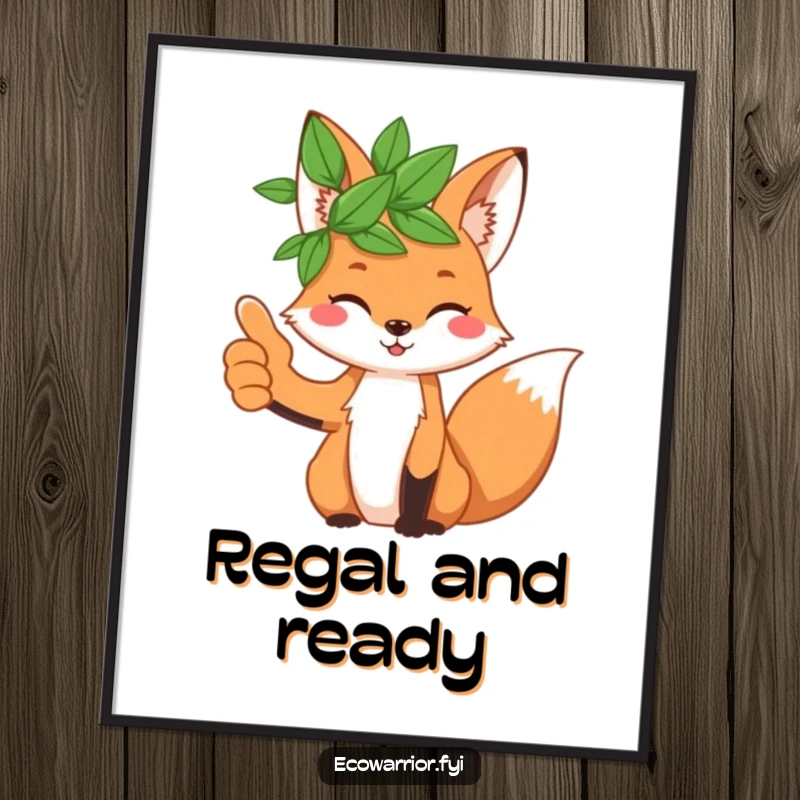 Funny playful fox wearing a leaf crown and giving a thumbs up, depicted in a digital art print.