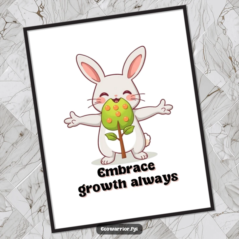 Funny happy rabbit character embracing a vibrant green sapling, a digital art print symbolizing growth and joy.
