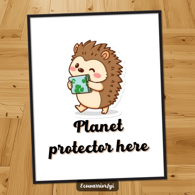 Funny hedgehog character carrying recycled materials, depicted in a digital art print, showcasing eco-friendly themes with humorous appeal, perfect for funny art buyers.