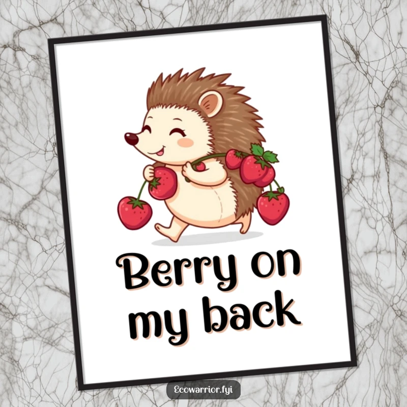 Funny digital art print of a happy hedgehog purposefully walking with berries on its back, perfect for printable, charming nature decor.