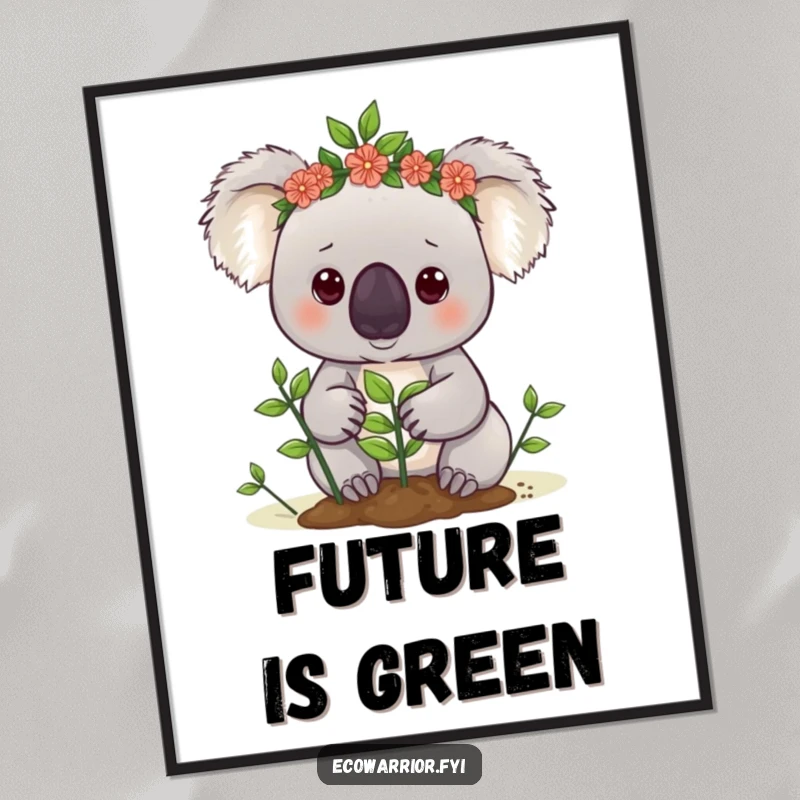 Funny koala digital art print of a cute koala in a leaf crown determinedly planting a tiny sapling, inspiring art.
