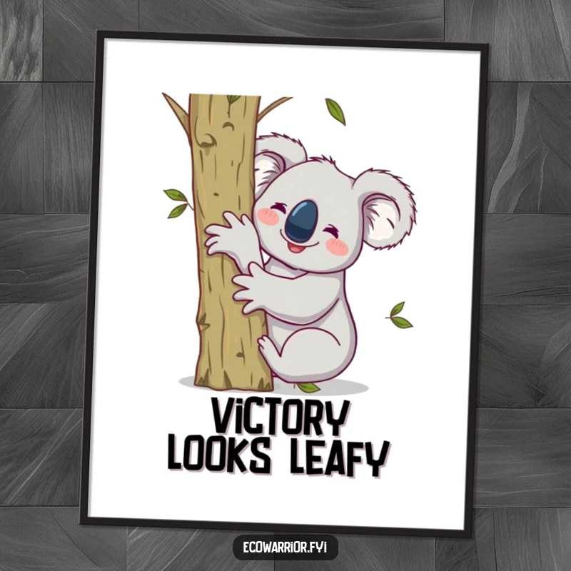 Funny digital art print of a smiling koala hugging a sapling, raising one arm victoriously, celebrating nature.