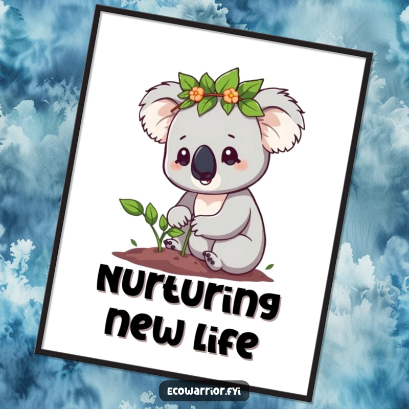 Funny Koala Digital Art Print: Cute koala with a leaf crown determinedly planting a sapling, inspirational and eco-friendly, funny gift.