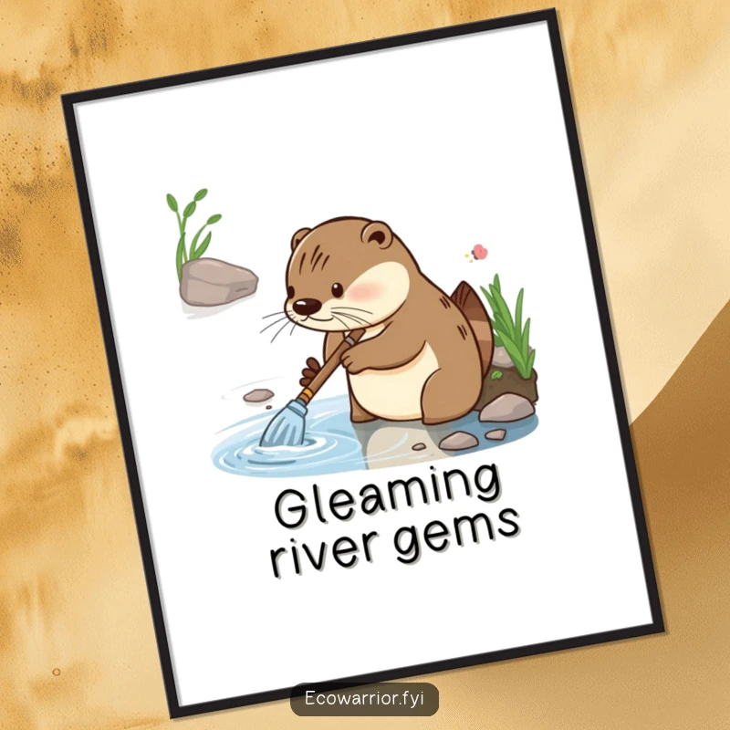 Funny digital art print of a diligent otter with focused glee, cleaning a riverbank, perfect for humorous, nature-themed decor.