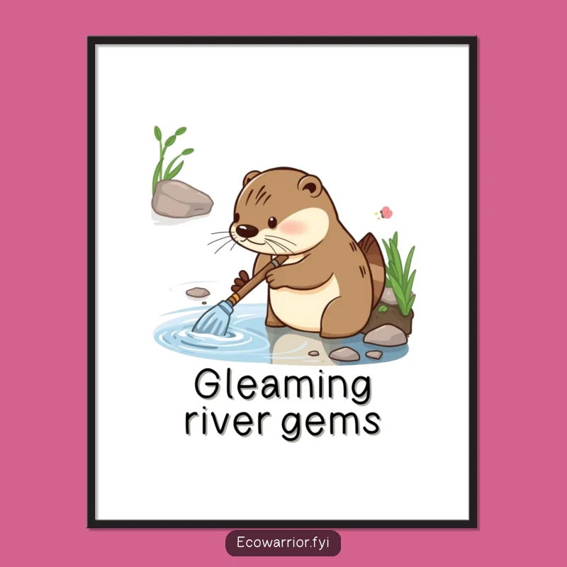 Funny Otter Cleaning Digital Art: Diligent Riverbank Hero's Gleeful Wall Art